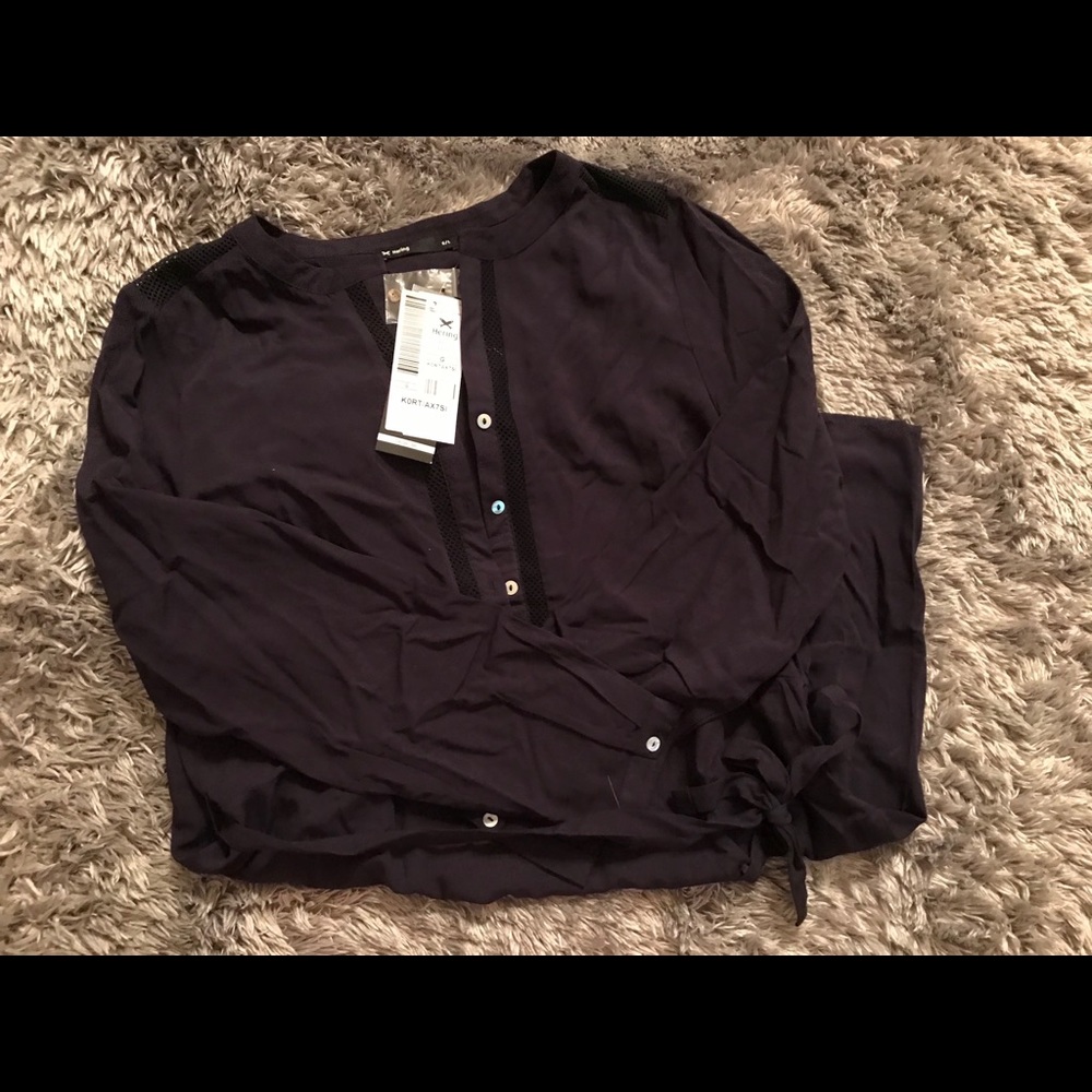 Crochet-inset button-up navy dress